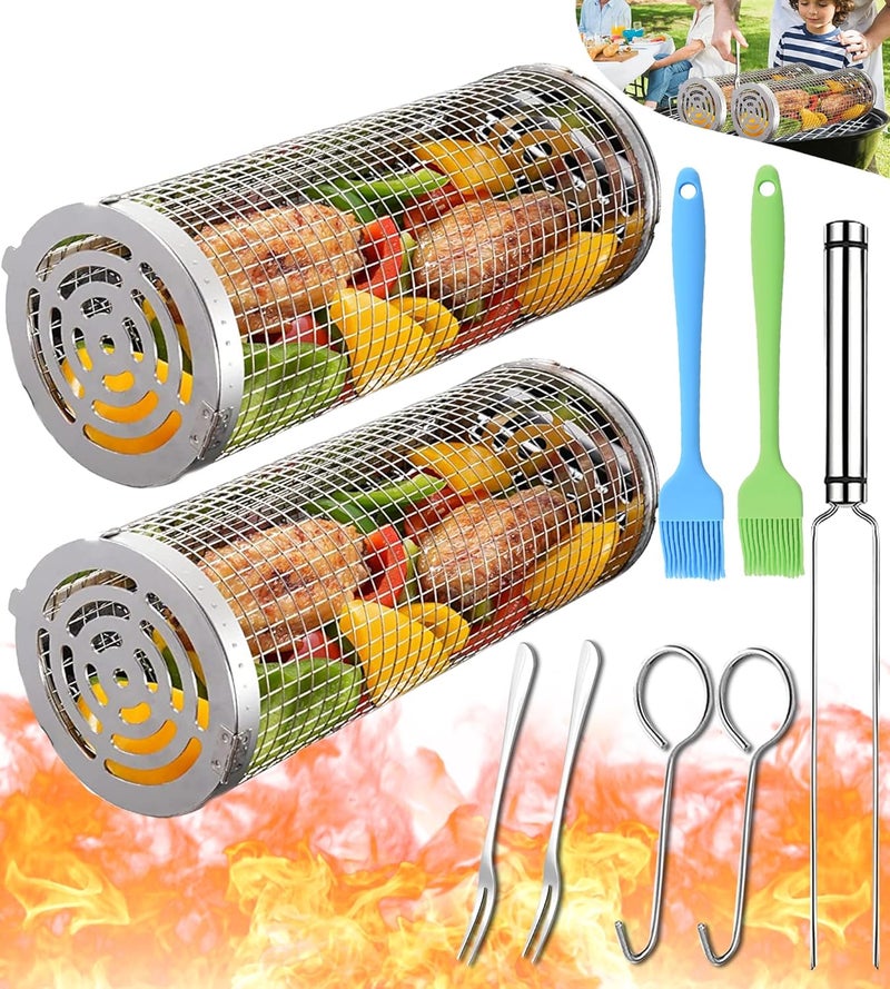 AUCMA Rolling Grilling Baskets for Outdoor Grill Bbq Net Tube Stainless Steel Large Round Mesh Barbecue Accessories Wire Cylinder Cage Picnic Cooking Camping Basket for Veggies Vegetable Fish Meat - Image 1